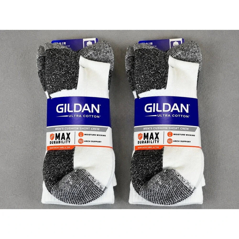 2 Pack Gildan Ultra Cotton Men Cushion Short Crew Socks 6-12 White Gray 6 PR NWT